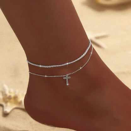 LATS Shiny Sparkling Simple Anklet for Women Gold Silver Color Elegant Jewelry Female Beach Ankle Bracelet on Foot Party Gift