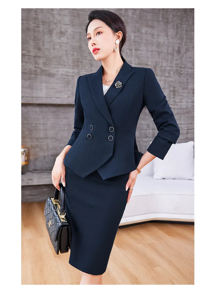 Navy Blue Suits Women 2023 New Spring Autumn Professional Long Sleeve Slim Blazer And Skirt Sets Office Ladies Work Wear Orange