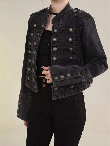 Women's American Retro Denim Military Inspired Cropped Jacket Long Sleeve Stand Collar Casual Motorcycle Coat