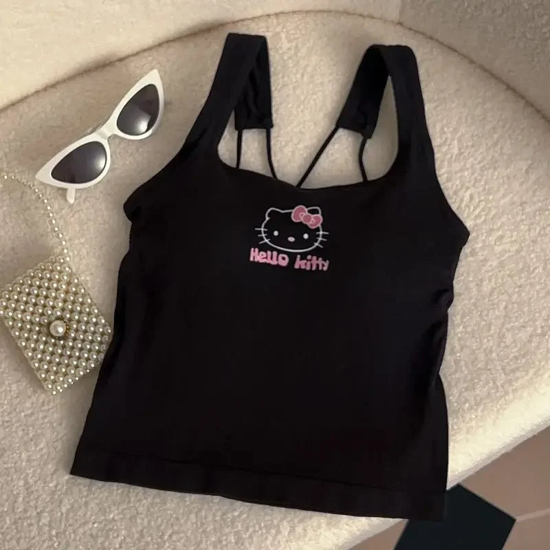 Hello Kitty Sanrio Fashion Clothing Y2K Top with Breast Pad Cute Top Girl Summer Cool Cropped Top White Sexy Suspender Girl Gift