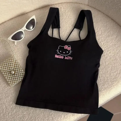 Hello Kitty Sanrio Fashion Clothing Y2K Top with Breast Pad Cute Top Girl Summer Cool Cropped Top White Sexy Suspender Girl Gift