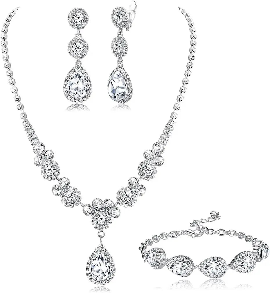 Florideco Rhinestone Bridal Jewelry Set Necklace Bracelet Earrings for Brides Bridesmaid Teardrop Pendants for Wedding Prom