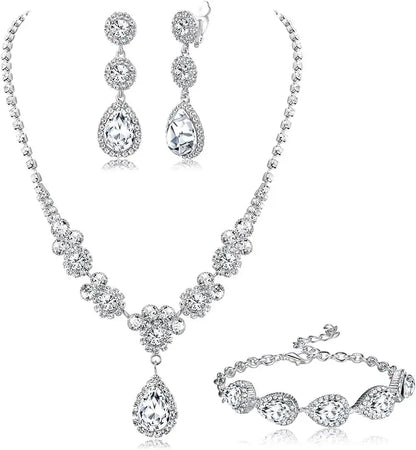 Florideco Rhinestone Bridal Jewelry Set Necklace Bracelet Earrings for Brides Bridesmaid Teardrop Pendants for Wedding Prom