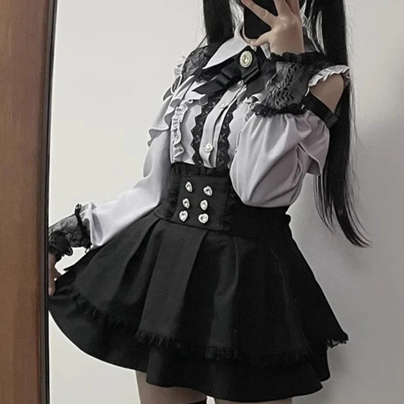 Kawaii Off Shoulder Long Sleeve Shirts Women Black Short Skirt Set Y2K Gothic Ruffle Skirts Lace Lolita Shirt Gown Suit ﻿﻿﻿﻿﻿