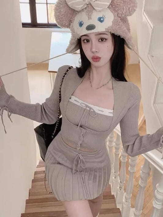 Woman Y2k Matching 3 Piece Set New Products Sweet Solid Knitted Cropped Patchwork Vest Slim Cardigan Mini Pleated Skirt Autumn