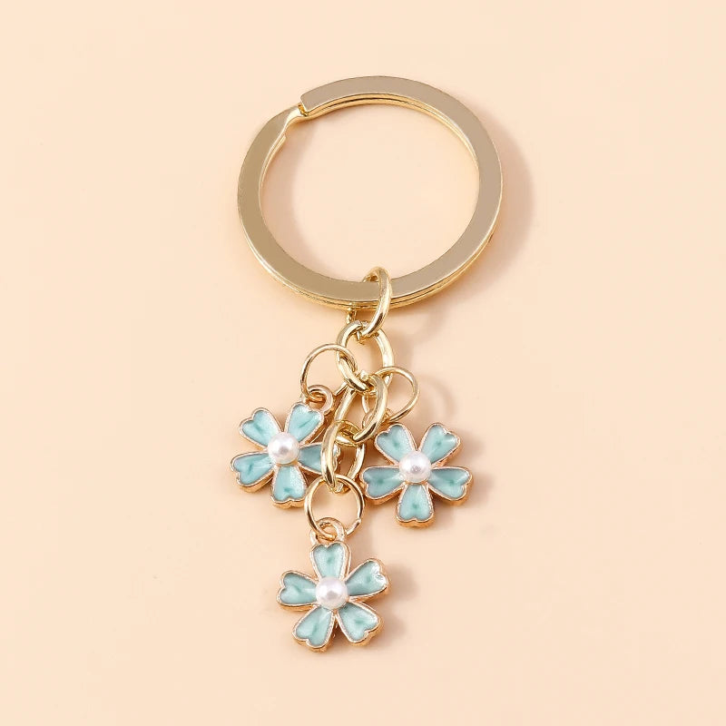 Cute Enamel Keychain Colorful Sakura Flower Key Ring Sweet Key Chains for Women Girls Handbag Accessories DIY Jewelry Gifts