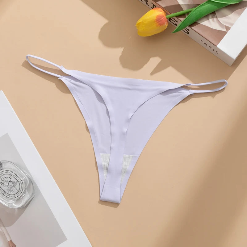 Women's Sexy Lightweight Ice Silk Seamless Knit Thong with Thin Straps - No Show Panty Underwear Lingerie Intimate Apparel