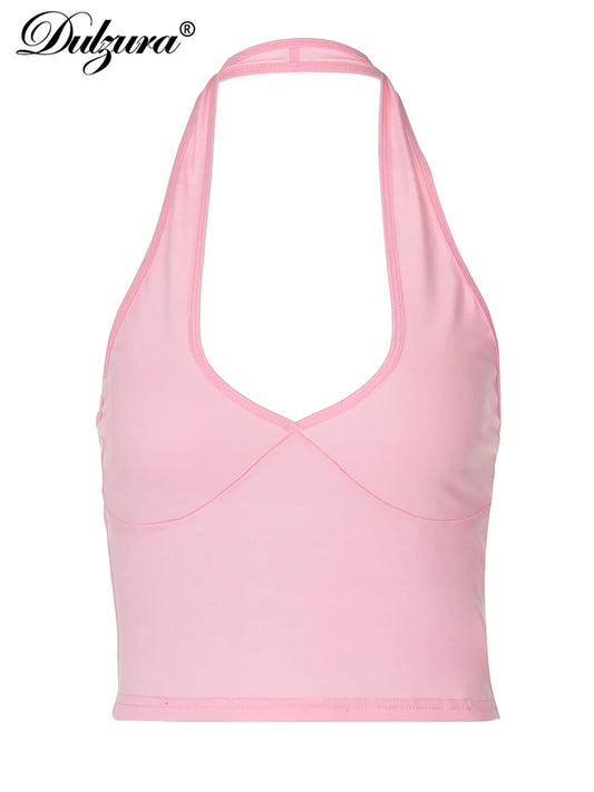 Dulzura Sexy Women Tops Halter Backless Summer Crop Tank Camis Solid Y2K Clothes Casual Club Party Date Beach Holiday Lady Top