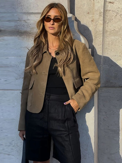 Retro Suede Jackets Women Elegant Single Breasted Lapel Brown Coats Female 2024 Autumn Winter Fashion Soft Pocket Outwears Lady