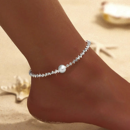 LATS Shiny Sparkling Simple Anklet for Women Gold Silver Color Elegant Jewelry Female Beach Ankle Bracelet on Foot Party Gift
