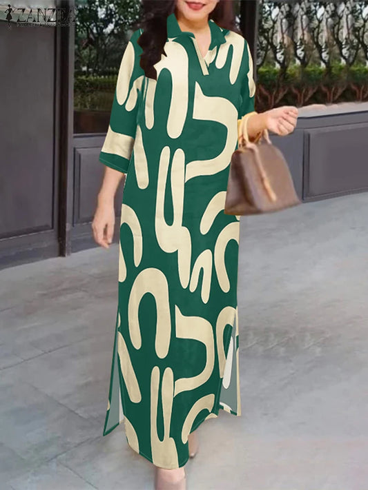 2025 ZANZEA Fashion Autumn Printed Dresses Women Maxi Long Dress Lapel Neck Long Sleeve Robe Casual Kaftan Vestidos Oversize