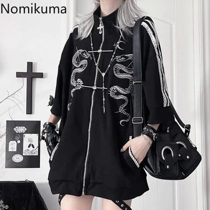 ストリートウェア パンク パーカー コート レディース 服 プリント ジッパー 半袖 スウェットシャツ カジュアル ファッション 夏 オーバーサイズ パーカー Y2K トップス