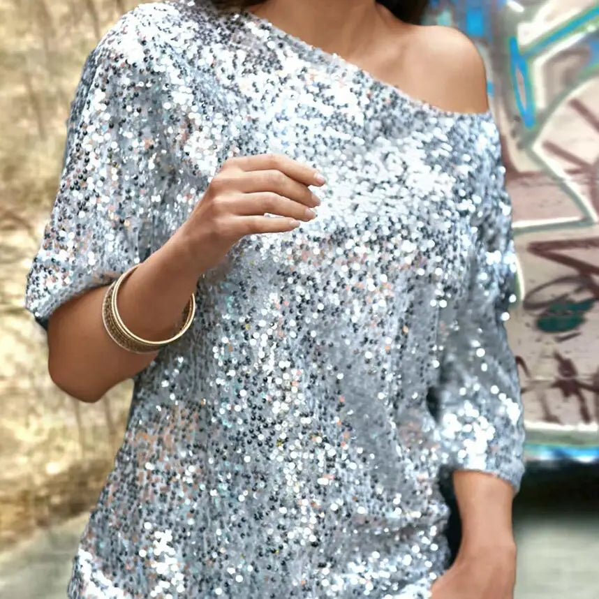 New Fashion Sexy Mid Sleeve Slanted Shoulder Sequin Solid Color Slim Fit T-shirt For Women,2 Colors