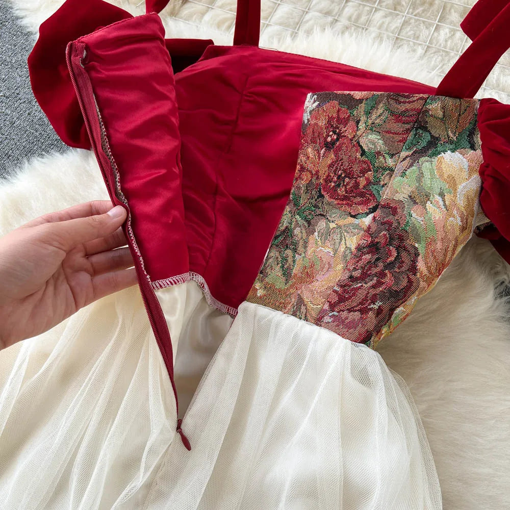 France Vintage Bow Mesh Wedding Runway Party Dresses Women Summer Fashion Elegant Strap Graduation Evening Vestidos Ladies Robe
