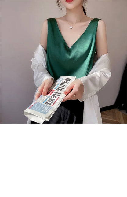 Acetate satin Camisole Women's V-neck Silk Satin vest Top elegant wild Avocado Green white black tank Women Crop Tops