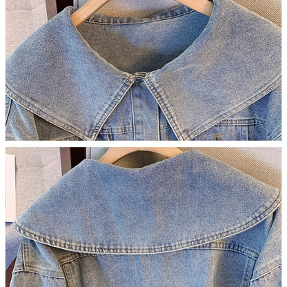 Women Turndown Collar Denim Jacket Casual High Waist Long Sleeved Button Up Short Jacket Fall Vintage Coat Streetwear Outerwear