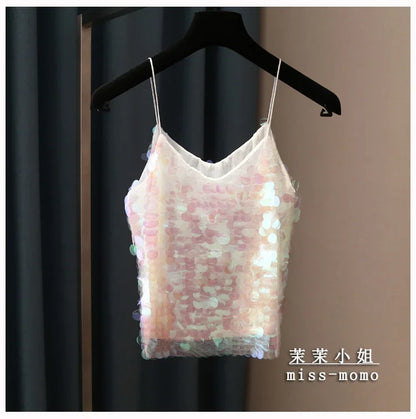Women Sequins Temperament Sexy Peplum Camisole Top V Neck Strap Camis Club Girls Sequin Sleeveless Short Camisole Vest Tops 2024