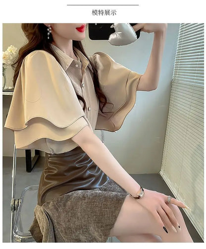 French Lady's Summer Loose Shirt Women's New Loose Blouse Solid Color Ruffle Short Sleeve Chiffon Top