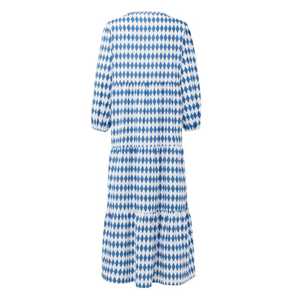 Women's Summer Casual Fashion Geometric Print Neckline Lace-up Bubble Middle-sleeves Ruffle Stitching Big Swing Long Losse Dress