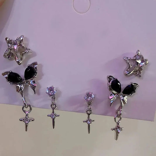Goth Black Butterfly Crystal Star Earring Set For Women Girl Vintage Aesthetic Heart Stud Earring Trendy Y2K Jewelry