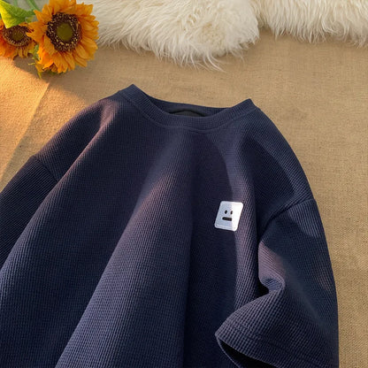 メンズ サマー アメリカン レトロ ワッフル 半袖 Tシャツ 厚手 無地 大きいサイズ 通気性 ゆったり カジュアル 半袖