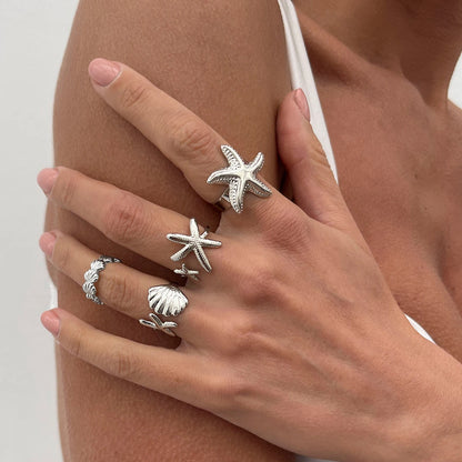 SHIXIN 4Pcs/Set Starfish Scallop Adjustable Open Rings for Women Trendy Geometric Gold Color Ring Summer Beach Jewelry Accessory