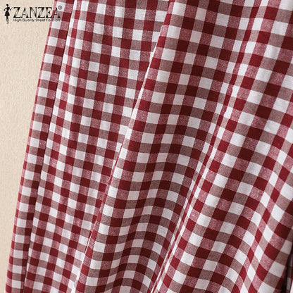 ZANZEA 2025 チェック柄パンツ レディース ファッション ランタンパンツ カジュアル ルーズ ロングパンツ 夏 ポケット 伸縮性ウエスト ボトムス オーバーサイズ