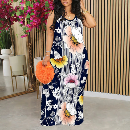 Nupusa Floral & Stripe Print Dress for Women Summer Casual Sleeveless Maxi Dress