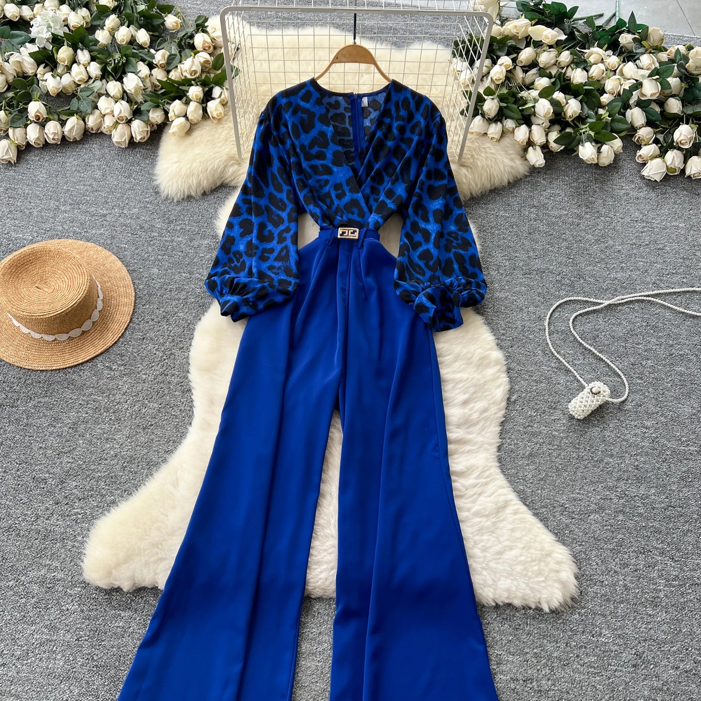 SINGREINY Autumn Leopard Long Jumpsuits V Neck Long Sleeves Belt Wide Legs Pants Women American Retro Senior Office Lady Rompers