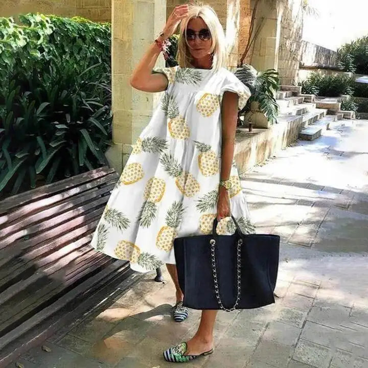 Summer Fashion Boho Print Dress Lady Casual O-Neck Pullover Ruffles Short Sleeve Loose Dresses For Women Holiday Beach Dress New