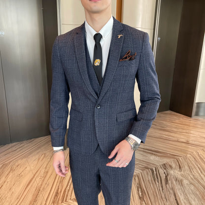 British Korean Style High Quality Modified Plaid Three-Piece Suit for Men - Stylish Business Casual Suit Vest And Trousers Set