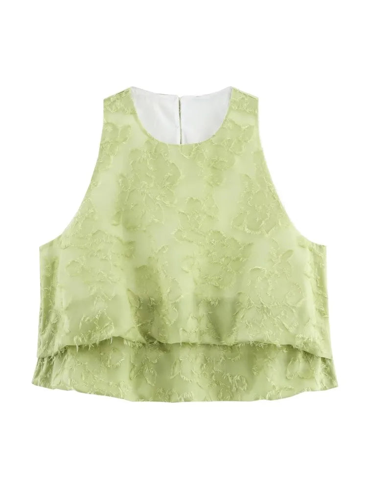 TRAF GAL 2025 Summer Lightweight Women Tanks Sleeveless O Neck Jacquard A Line Female Crop Top Casual Ball Gown Vest Y2K