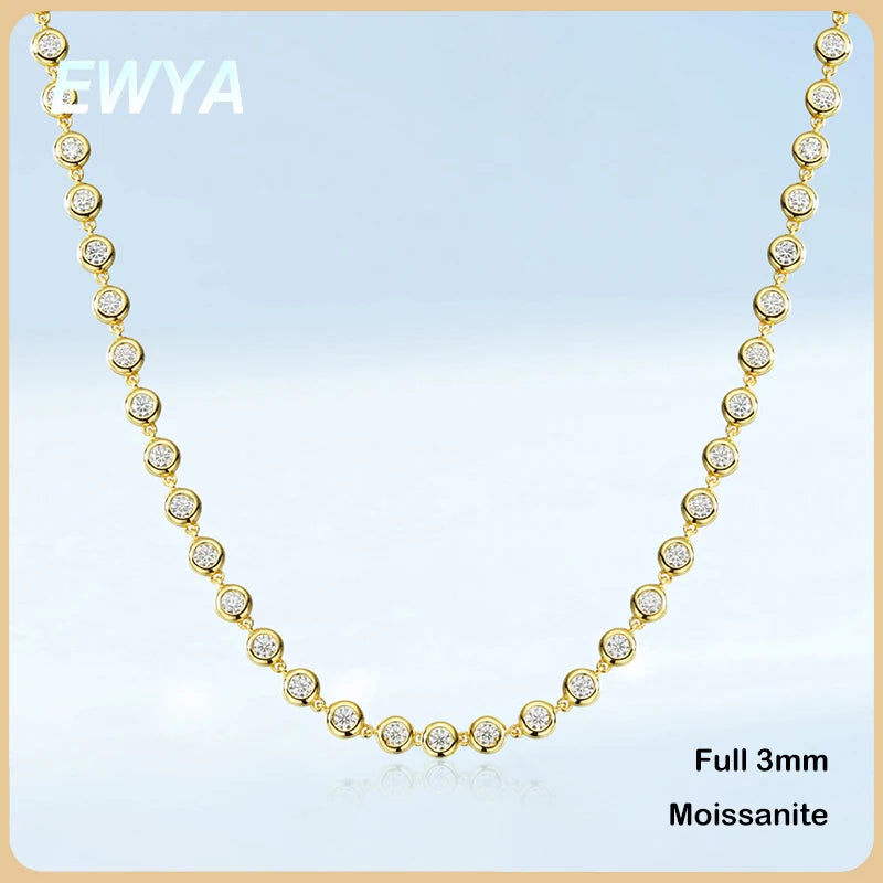 EWYA Round Bubble Full 3mm 0.1CT D Color Moissanite Tennis Chain for Women 925 Silver GRA Certified 16 18 20 inch Bezel Necklace