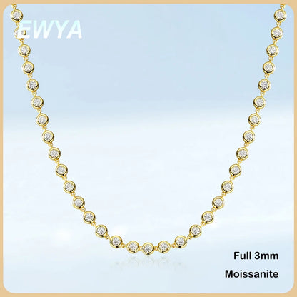EWYA Round Bubble Full 3mm 0.1CT D Color Moissanite Tennis Chain for Women 925 Silver GRA Certified 16 18 20 inch Bezel Necklace