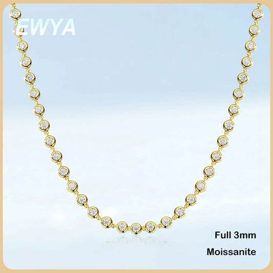 EWYA Round Bubble Full 3mm 0.1CT D Color Moissanite Tennis Chain for Women 925 Silver GRA Certified 16 18 20 inch Bezel Necklace