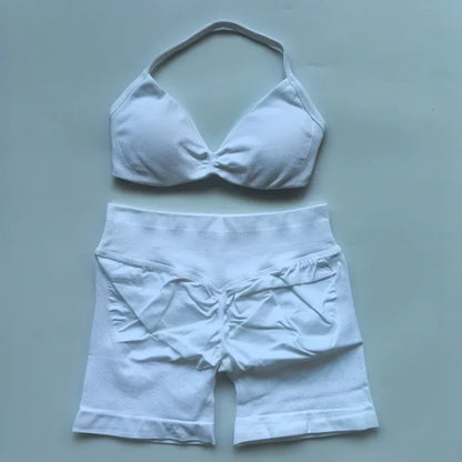 Gym Set Women Two Piece Strappy Yoga Bra Top Workout Scrunch Shorts Suit Fitness Clothes Seamless Sportswear Workout Set