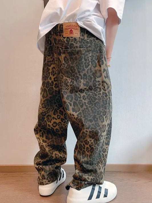秋タンヒョウ柄ジーンズ メンズ デニムパンツ 男性 オーバーサイズ ワイドレッグ トラウザーズ ストリートウェア ヒップホップ ヴィンテージ ルーズ カジュアル アニマルプリント