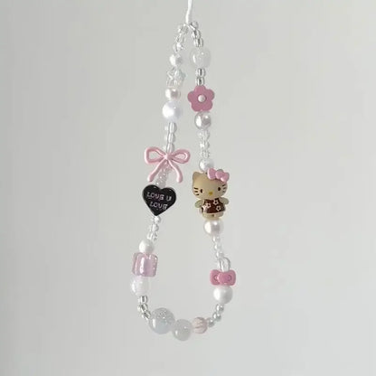 New Anime Cartoon Sanrio Hello Kitty Beaded Phone Chain Cute Girl Ccd Camera Backpack Pendant Decoration Friends Birthday Gift