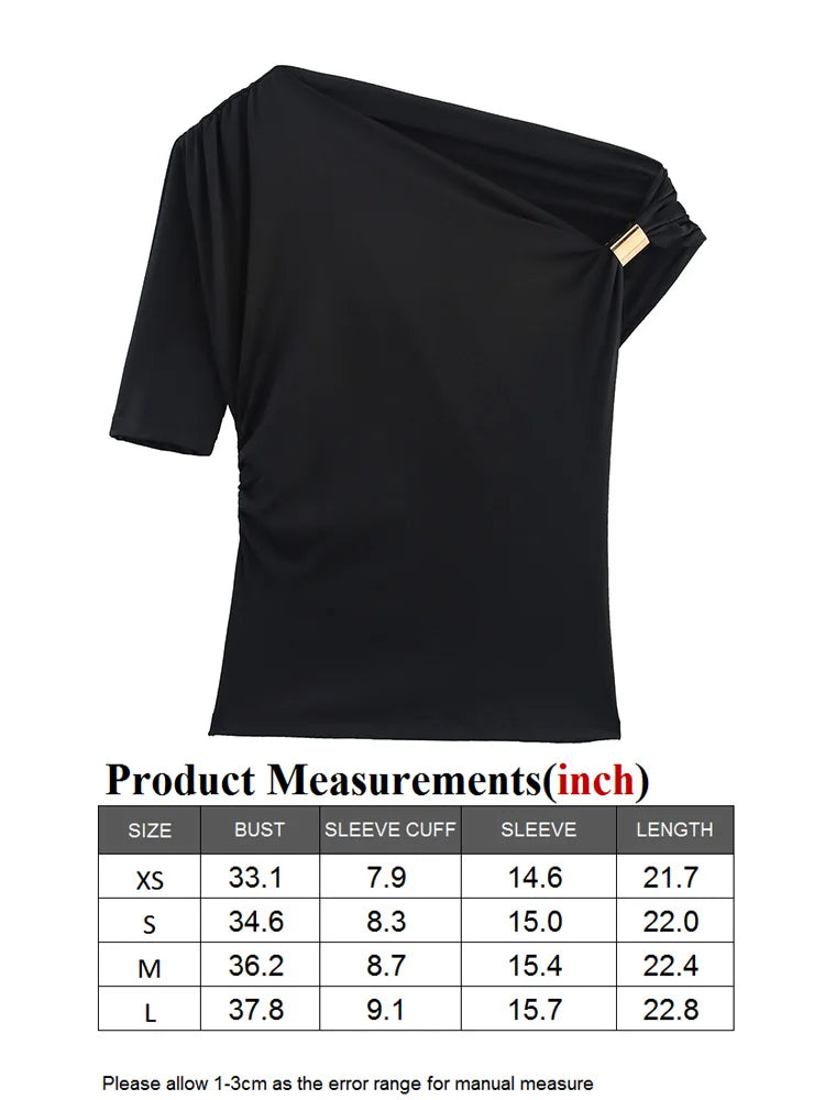TRAF GAL 2025 Summer Thin Women Tees Short Sleeve Metal Detail Ruched Elastic Slim Asymmetric T-Shirt Female Crop Top Y2K