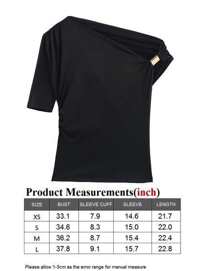 TRAF GAL 2025 Summer Thin Women Tees Short Sleeve Metal Detail Ruched Elastic Slim Asymmetric T-Shirt Female Crop Top Y2K