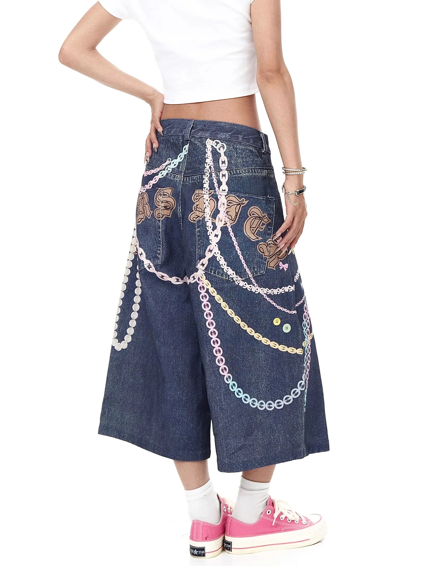 Chain Print Blue Jeans orts Men's Summer Loose Straight Leg Seven-Foot Pants Casual High Waist Corduroy Youth Faion