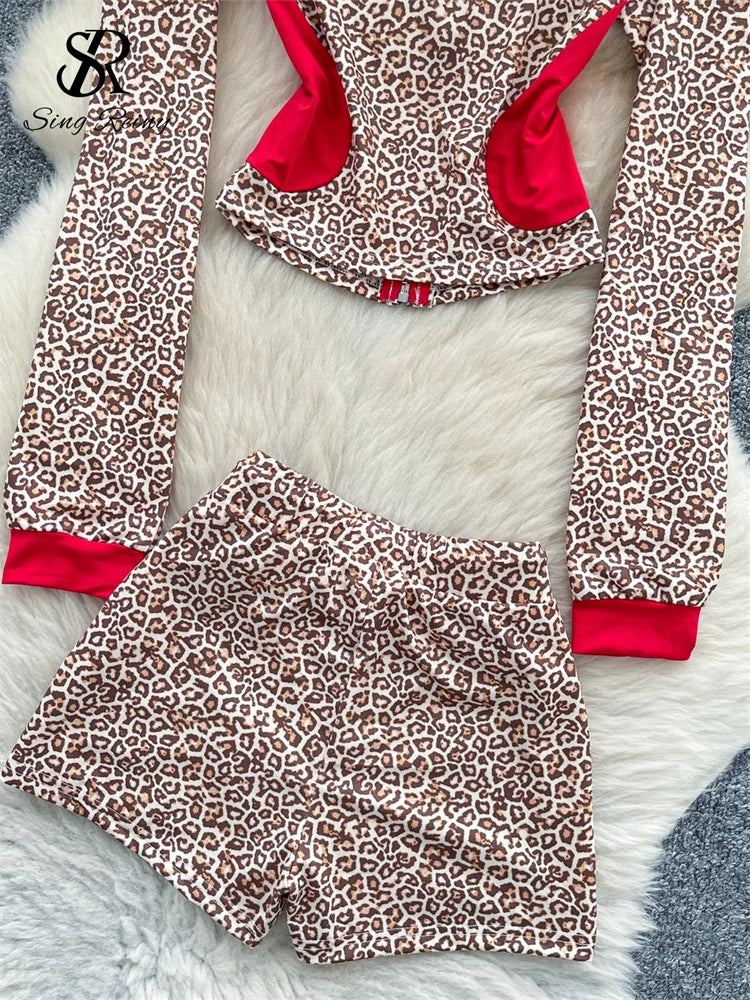 SINGREINY Sexy Leopard Two Piece Suits Female Stand Collar Zipper Slim Tops+Drawstring Mini Short 2025 Autumn Color Block Sets