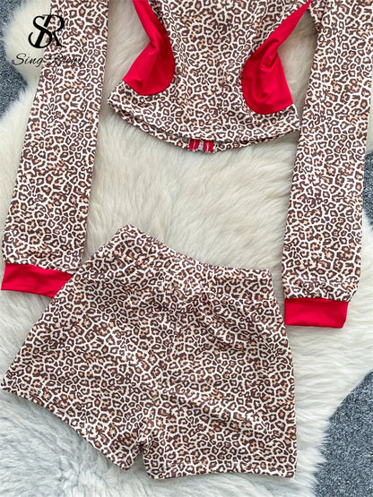 SINGREINY Sexy Leopard Two Piece Suits Female Stand Collar Zipper Slim Tops+Drawstring Mini Short 2025 Autumn Color Block Sets