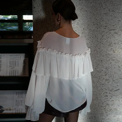 Talenza White Chiffon Shirt Women's Summer V-Neck Sexy See Through Shirt Beach Blouse Fashion Ruffle Patchwork Female Blouse Top