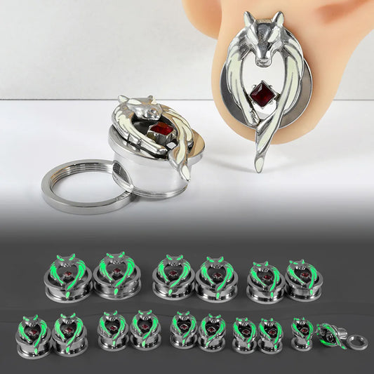 1PC Stainles Steel Luminous Wolf Head Red CZ Ear Plugs Expanders Screw Ear Gauge Earring Gauges Stretchers Body Piercing Jewelry