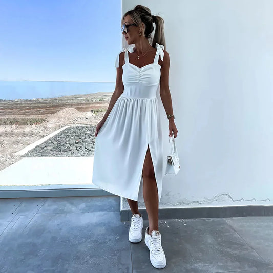 Summer Sexy Strap Midi Party Dresses Women 2024 Fashion Sleeveless Backless Print Slim White Dress Vacation Sundress Elegant