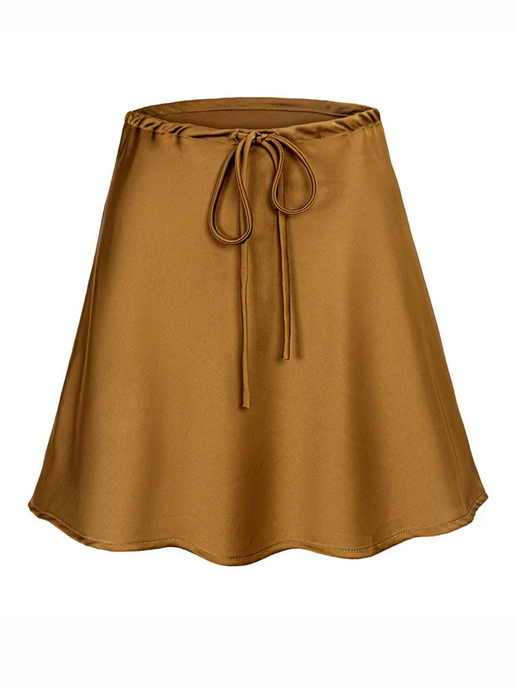 Satin Mini Skirts Women Summer Beige Silk Short Skirt For Woman Drawstring High Waist Black Satin Skirt A Line Women Short 2025