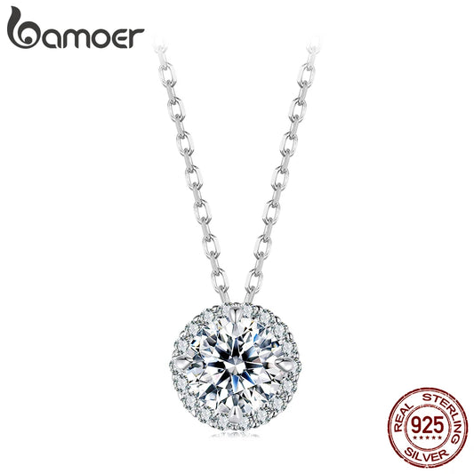 BAMOER 925 Sterling Silver Round Halo Moissanite Necklace, White Gold Plated Classic Elegant Necklace Engagement Jewellry Gift