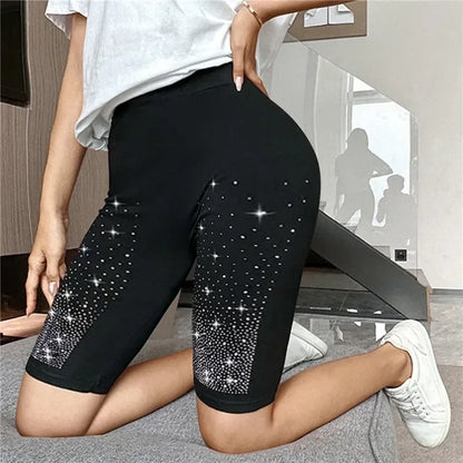 ブラックストレッチラインストーンスキニーホットパンツ レディースレギンス パールレター入り ホットドリル ニー丈伸縮パンツ スリムヨガレギンス