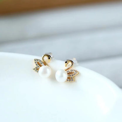 925 Silver Needle Hollow Crystal Swan Earrings For Women Korean Jewelry 2025 Trending New Luxury Animal Pearl Stud Earrings Gift
